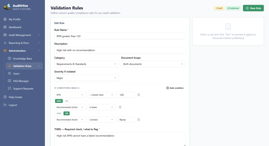 Scalable Pre-Audit Validation Rules User interface showing settings for validation rules in a web application.