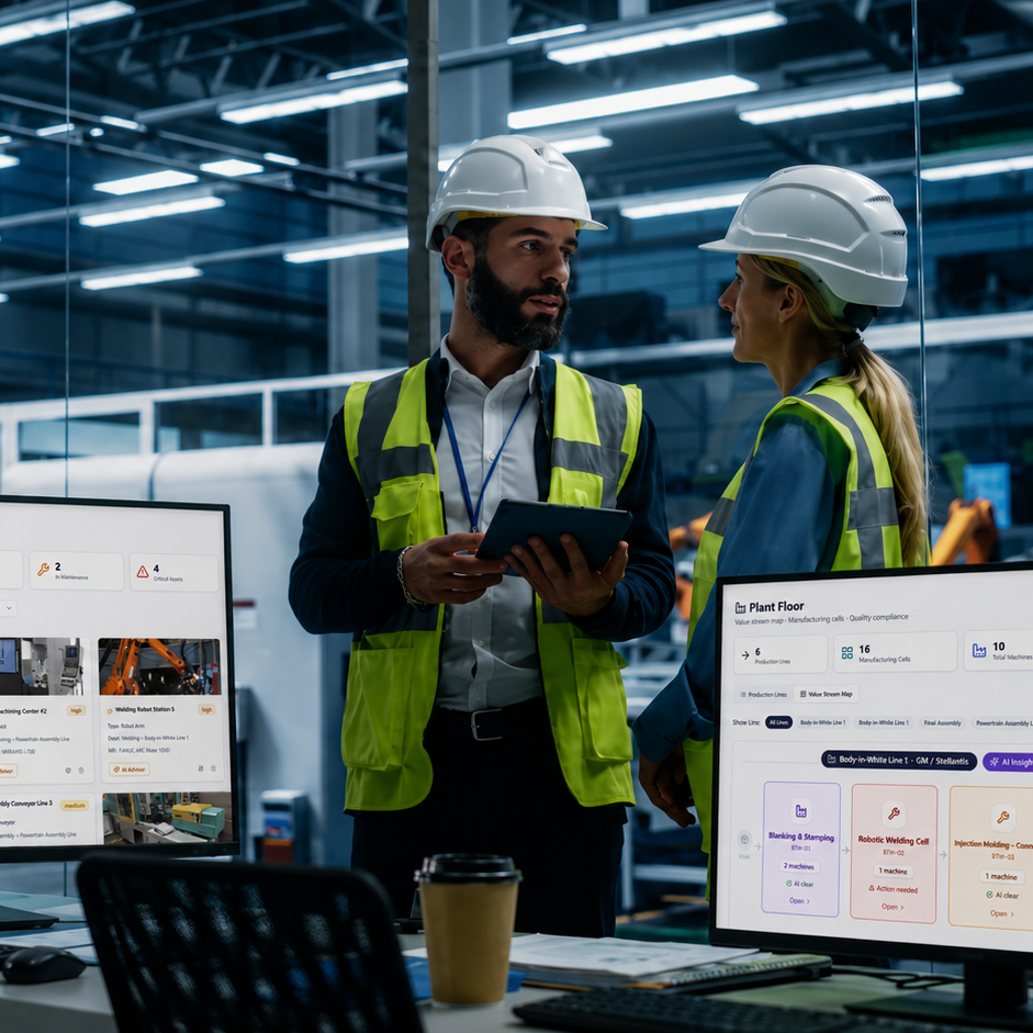 Web-based configurable internal auditing software with AI A worker in a hard hat and safety vest using a tablet in a factory auditing his process with AuditHive
