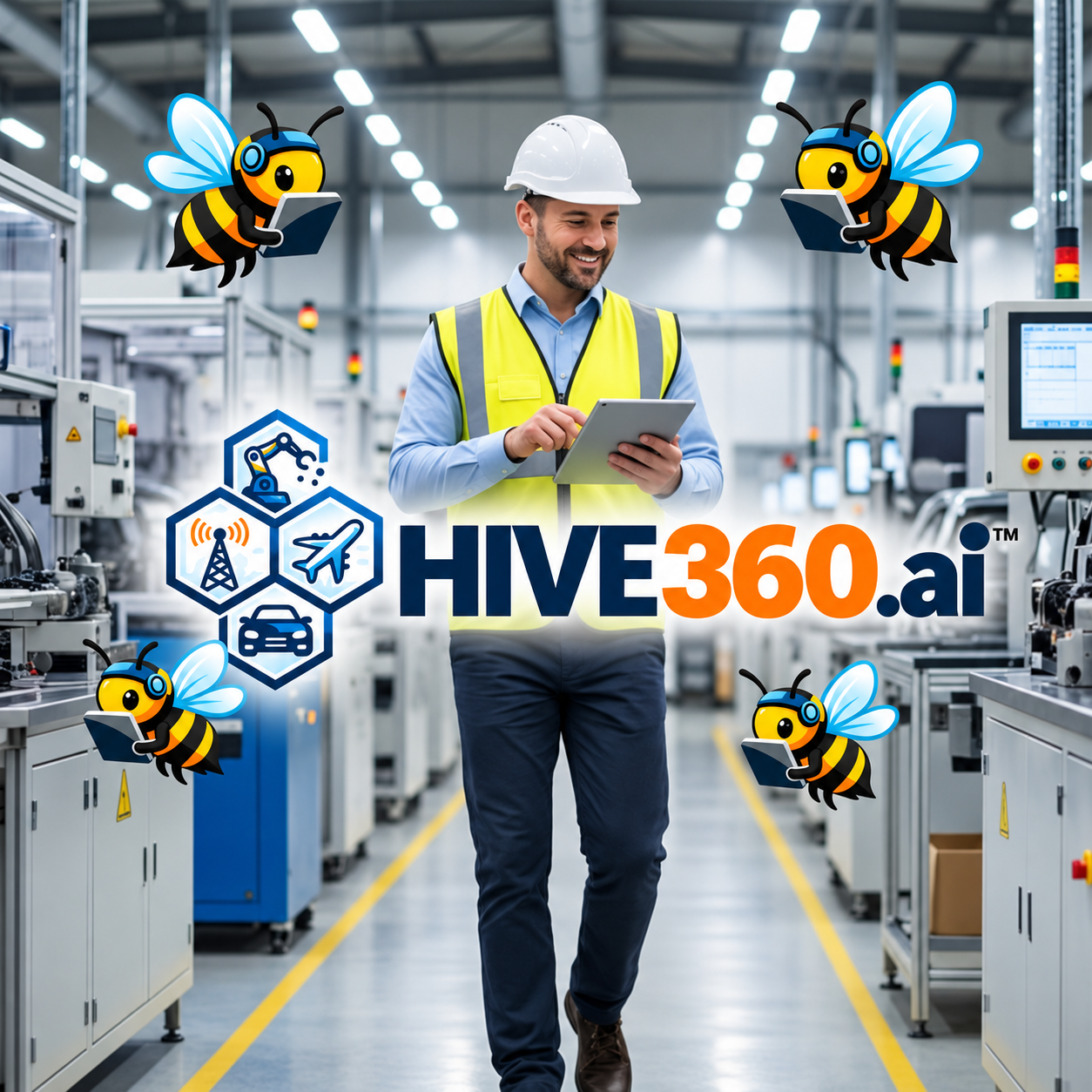 Web-based configurable internal auditing software with AI A worker in a hard hat and safety vest using a tablet in a factory auditing his process with AuditHive