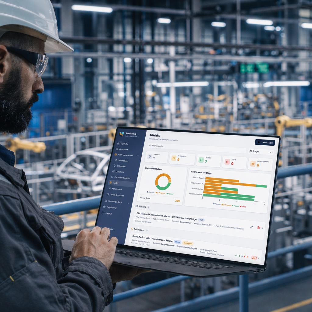 Worker in a hard hat using a laptop to monitor factory production data.