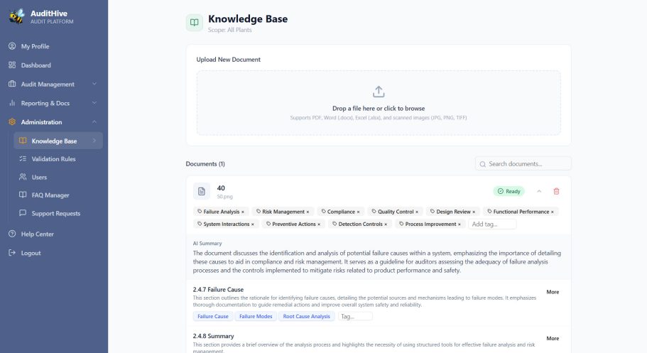 Knowledge base User interface of a knowledge base platform showing navigation and content sections.