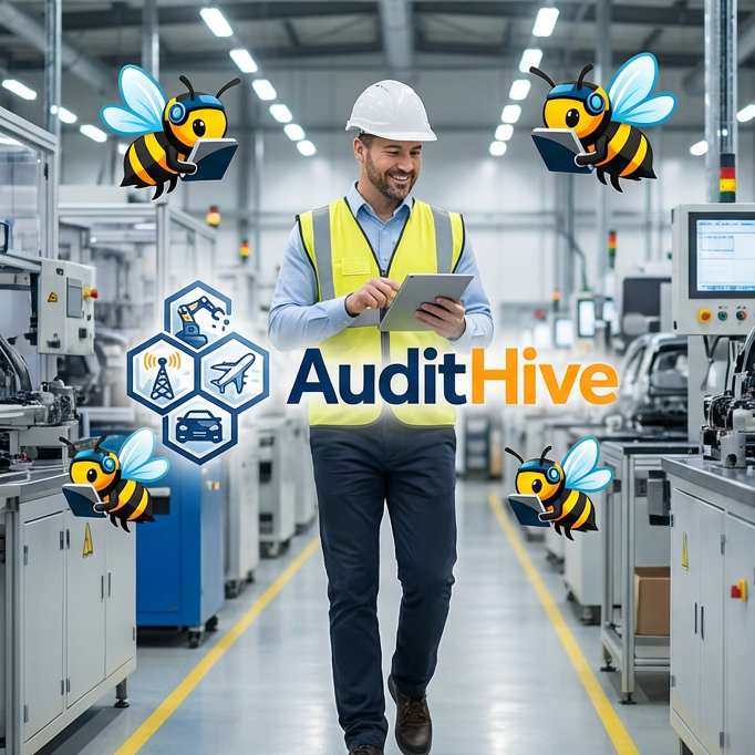 A worker in a hard hat and safety vest using a tablet in a factory auditing his process with AuditHive