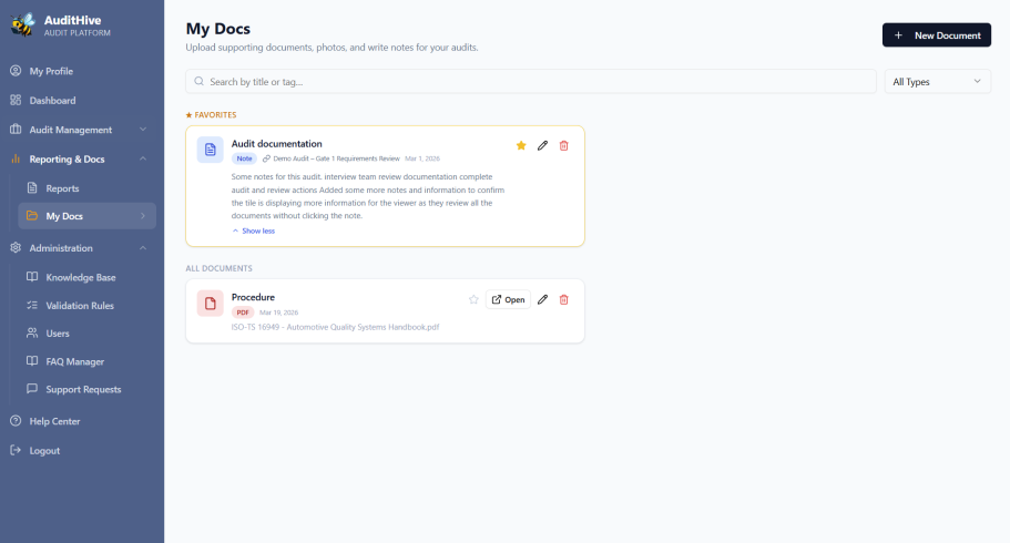 Centralized Audit Documentation & Notes User interface displaying a dashboard with recent notifications and a sidebar menu.