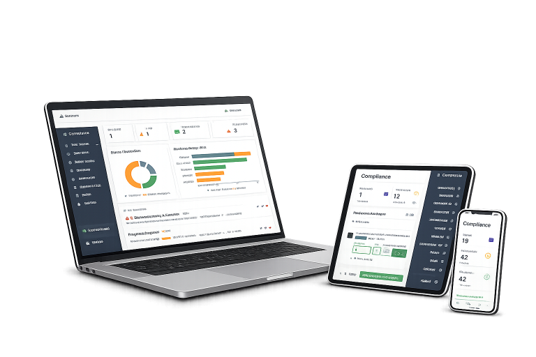 Laptop, tablet, and smartphone displaying data analytics dashboard with charts and graphs.