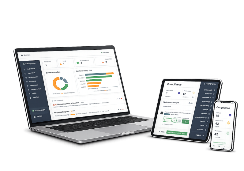 Laptop, tablet, and smartphone displaying data analytics dashboard with charts and graphs.