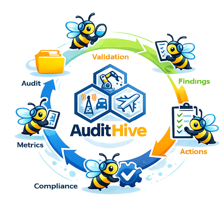 Colorful bees surround the "AuditHive" logo, illustrating an audit process cycle.