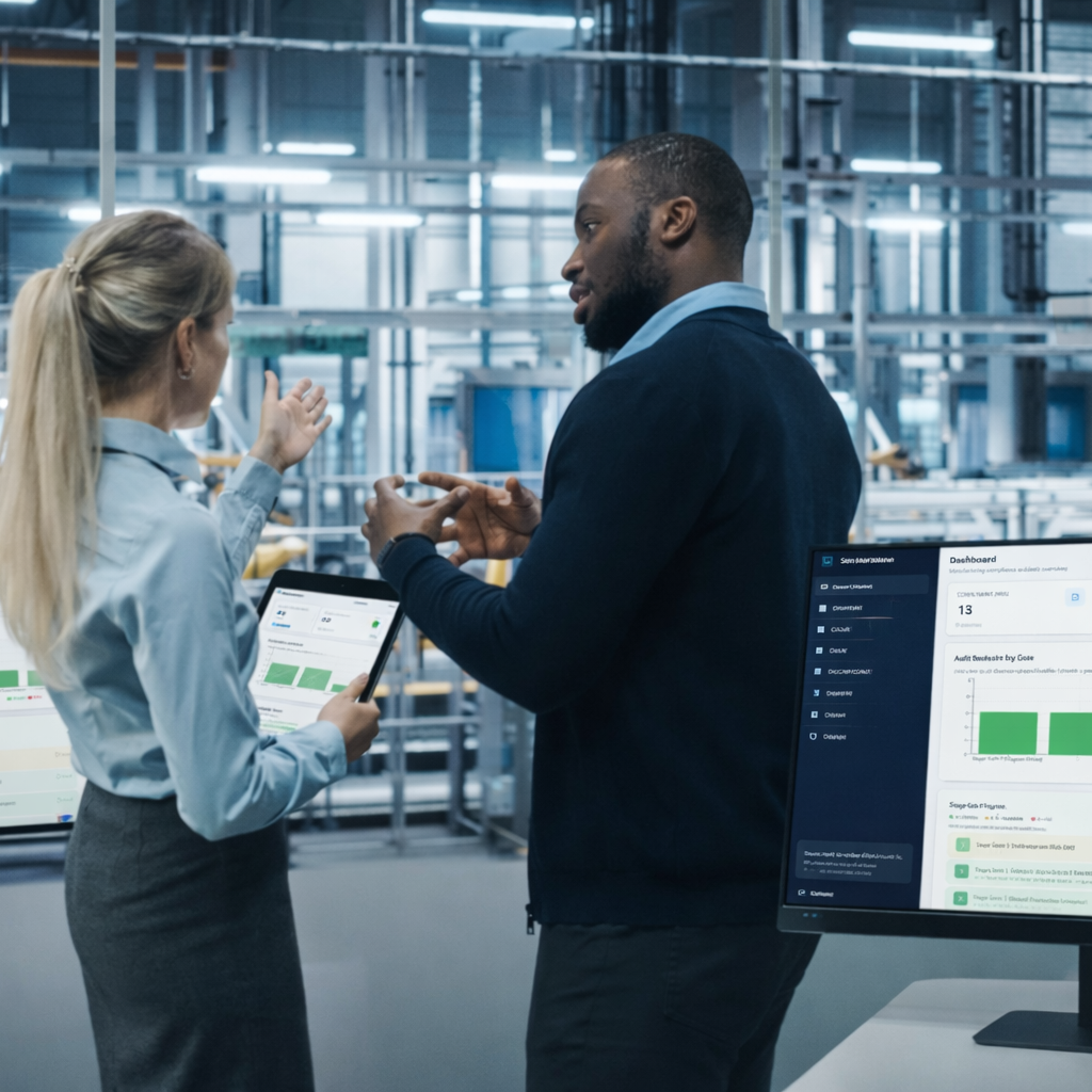 Two colleagues discussing in a modern office with screens displaying Internal Audit data.