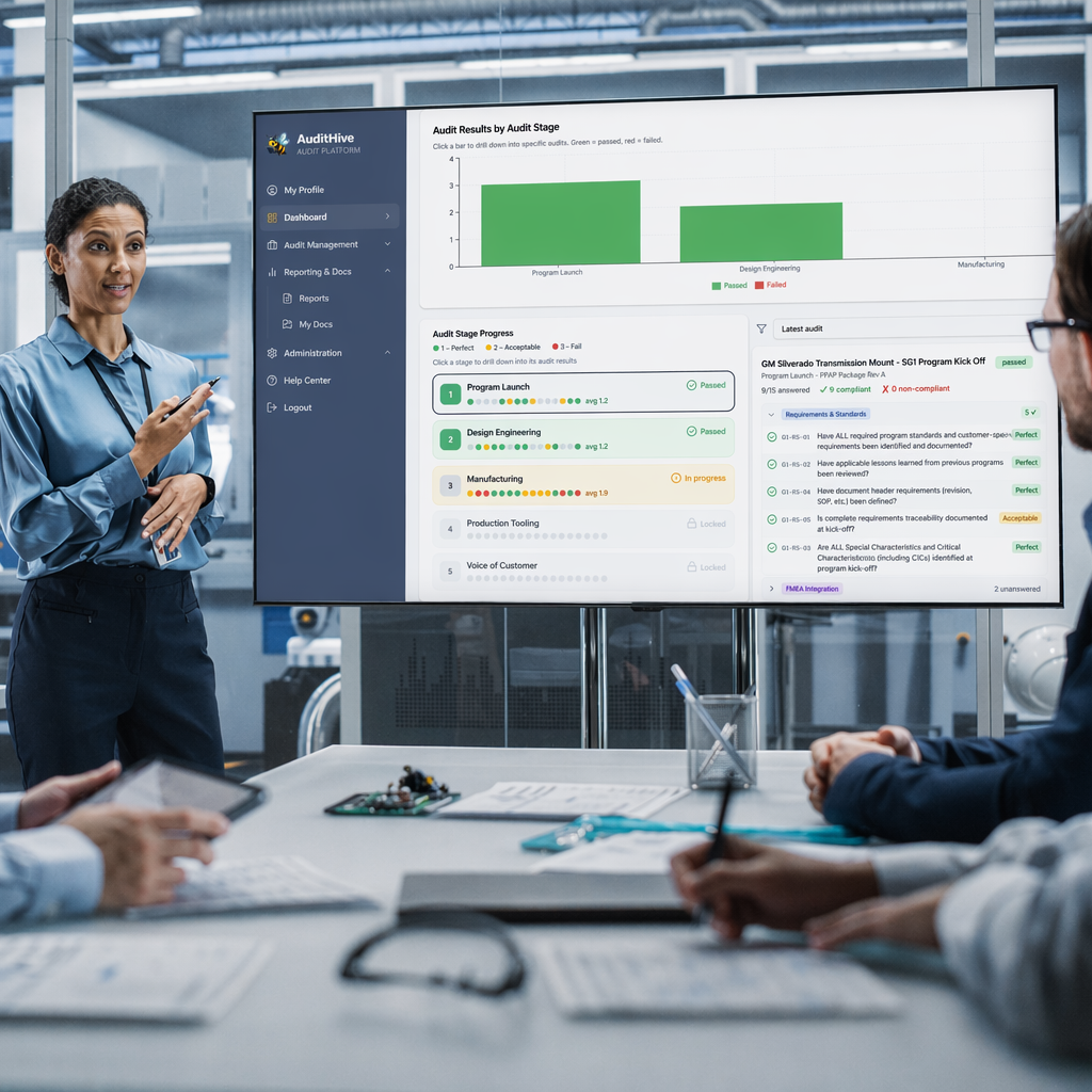 A business presentation with a woman speaking to an audience, showing data on a screen.